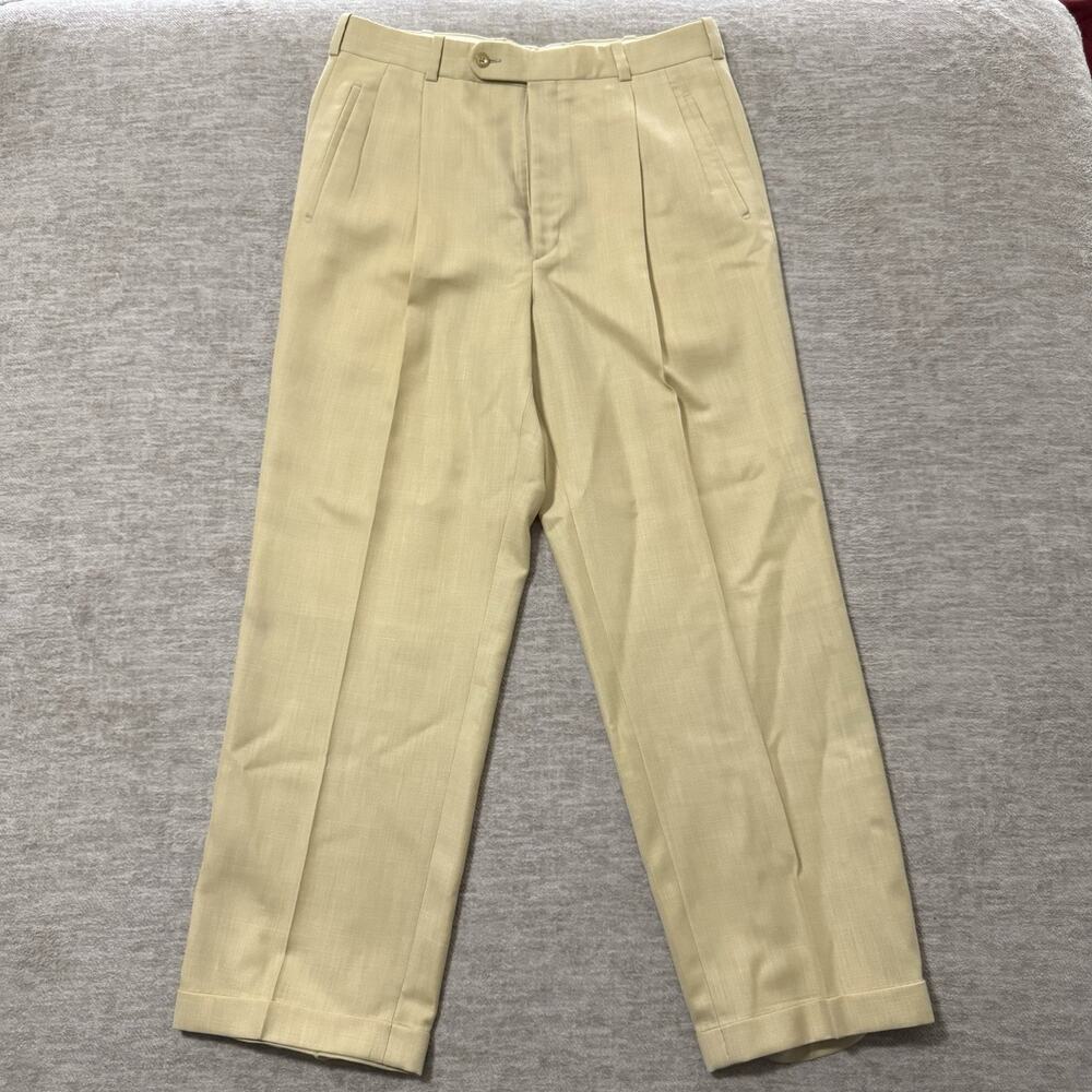 Barry Bricken Mens Dress Pants 33X32 Pleated Front Cuffed Poyester Wool Beige